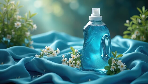 Blue liquid laundry detergent bottle sits on folded silky fabric with small white flowers. Soft light and green plants create fresh ambiance for garment cleaning product.