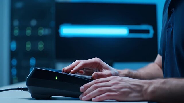 Person Using Charger Device on Desk with Blue Charging Bar Background Powering Tech Equipment for Maintenance and