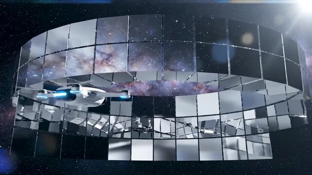 Orbital Solar Energy Farm of Polished Silver Mirror Panels Reflecting Stars with Pristine Chrome Finish and Silent Maintenance Drone