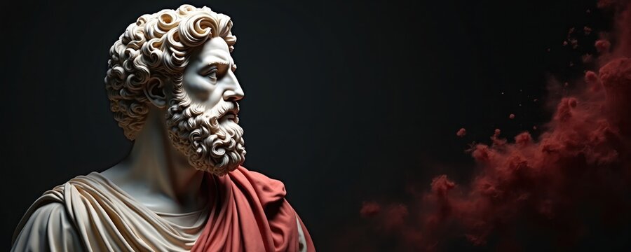 Marble bust of ancient Greek philosopher. Bearded man in tunic looking right. Red smoke or clouds swirl on dark background. Copy space for text.
