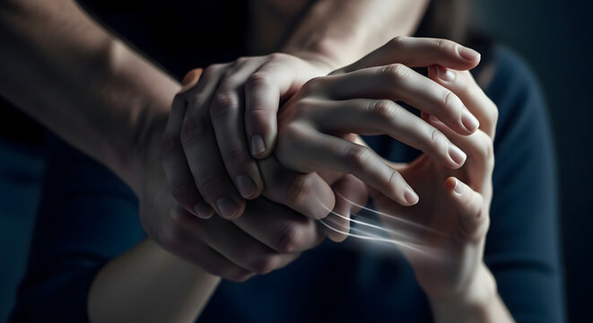 Close-up of hands breaking free from restraint, symbolizing escape from domestic violence and abusive relationships. Concept for abuse awareness, survivor strength, and violence prevention.