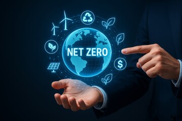 Fototapeta premium Businessman interacting with glowing digital globe labeled Net Zero surrounded by eco icons representing green and sustainable energy concept.. Ai generative