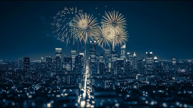 Fireworks display over city skyline at night celebrations