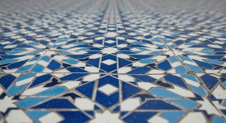 Intricate blue and white mosaic tile pattern.