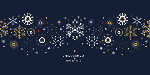 Festive winter background with golden and white snowflake designs and greetings © Tusar