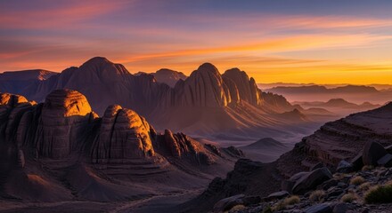 Fototapeta premium Sunset over majestic desert mountains and valleys.