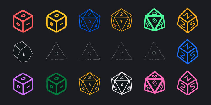 Colorful outlines and wireframe depictions of various polyhedral dice presented