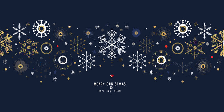 Festive winter background with golden and white snowflake designs and greetings