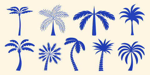 A collection of various blue palm tree silhouettes against a light background © Tusar