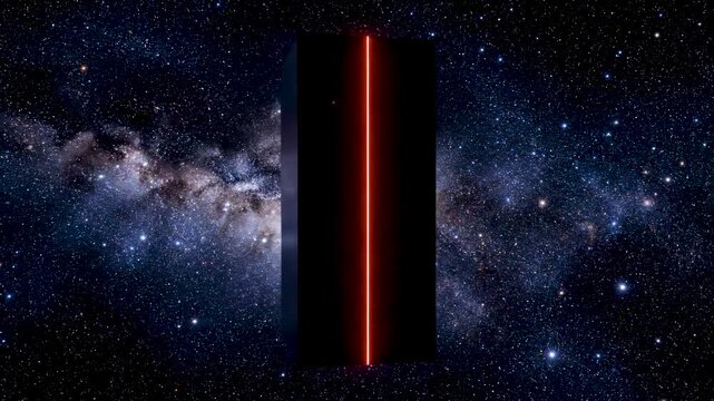 Matte Black Space Monolith with Pulsing Red Neon Strip Floating Among Sharp Stars in Deep Cosmic Void with Extreme Contrast