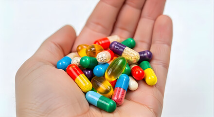 Colorful Capsules in Hand: A close-up shot presents a hand cradling a multitude of colorful capsules. The various shapes and shades of these pills illustrate a moment of medicine