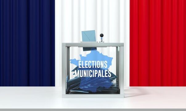 Urne remplie de bulletins de vote devant un drapeau Fran&ccedil;ais pour les &eacute;lections Municipales - rendu 3D