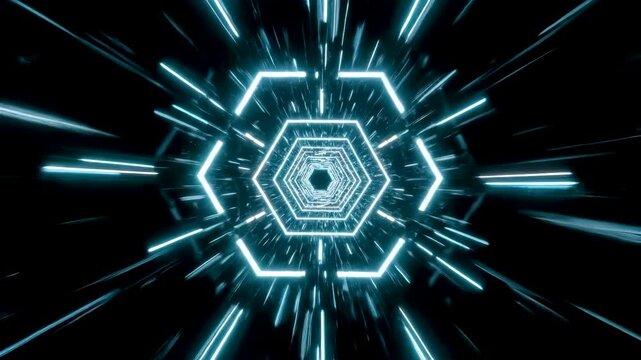 Abstract Warp Tunnel of Neon Cyan and White Geometric Paths Stretching Into Infinity with Ultra Smooth High Speed Motion