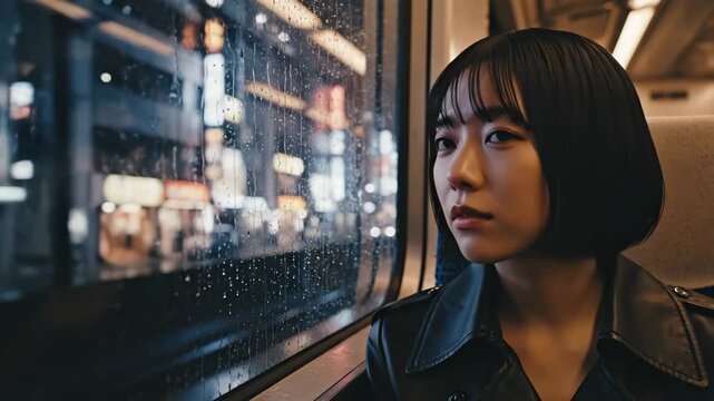 Pensive asian woman traveling by train on a rainy night in the city