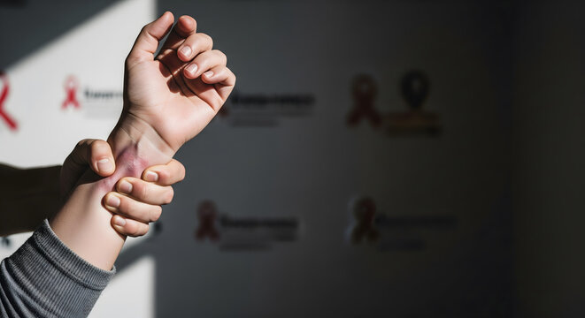 Hands gripping a bruised arm with copy space, representing domestic abuse and physical violence. Concept for violence awareness campaigns, abuse prevention, victim support, and human rights messaging.