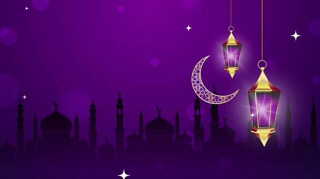4K Animated Ramadan Kareem Background with luxurious purple and gold background of Lantern lights and Cresent moon and elegant, suitable for social media, Ramadan events and other festivals