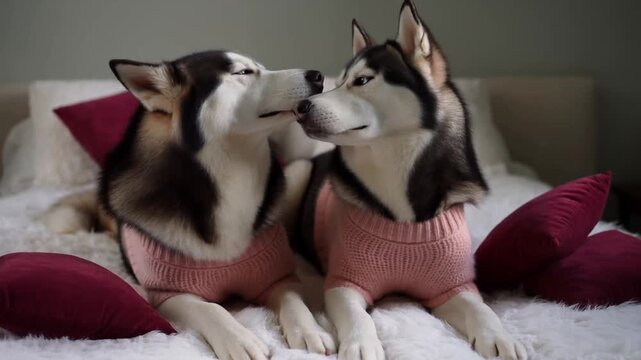 Two adult siberian huskies in simple pink sweaters nuzzling noses on a white fluffy bed with burgundy heart-shaped pillows, muted winter light from a window, conveying powerful bond and gentle 