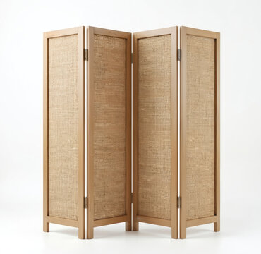 Four-panel wooden folding screen room divider with woven natural fiber inserts. Offers portable privacy and decorative division for interior spaces. Can be folded for easy storage.