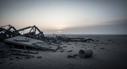 Deserted industrial ruins under a somber, overcast sky at dusk.