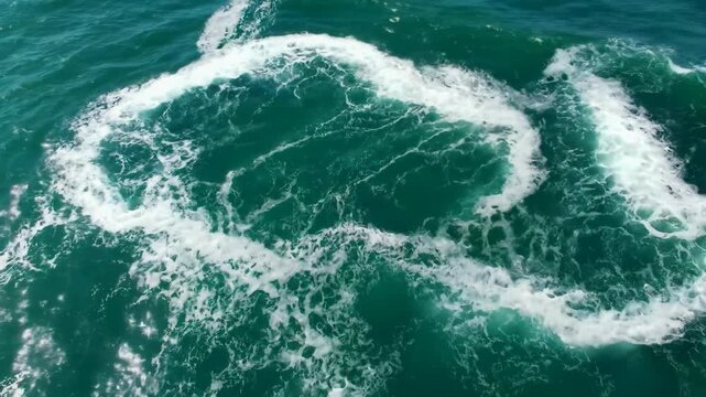 Extreme aerial video of dark teal green ocean water with dynamic white foam patterns, swirling and pulsating under natural sunlight, a mesmerizing abstract aquatic texture