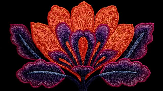 Vibrant Tenango Embroidery Floral Design with Orange and Purple Colors