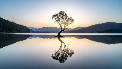 Sunrise illuminates a solitary tree in calm water, with mountain silhouettes creating a scenic view