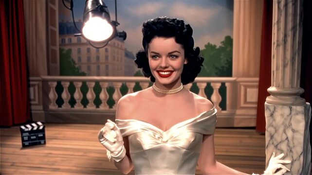 A 1950s Hollywood starlet on a vintage movie set, glamorous smile, perfect hair, classic Hollywood lighting.