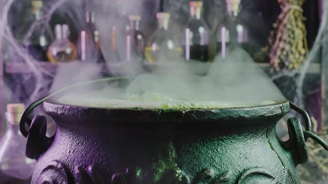 Witch's cauldron boiling with smoking green potion