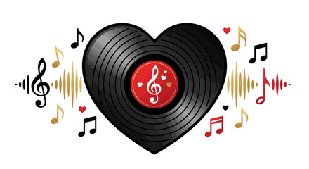 Fototapeta premium Vinyl record in heart shape with music notes and hearts