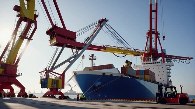 A cargo ship being loaded by massive cranes in a port.