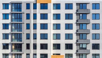 Modern architectural facade with many rectangular windows and a mix of balconies and a neutral color scheme