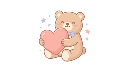 Fototapeta premium Cute cartoon teddy bear holding pink heart with stars