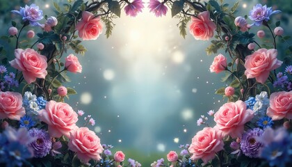 Naklejka premium Symmetrical blooming pink roses, purple flowers frame bright magical misty background with bokeh lights. Green leaves, vines create enchanting symmetrical garden archway. Floral design evokes wonder,
