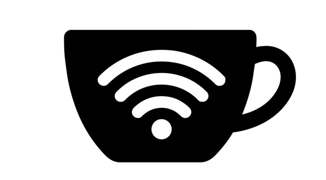 Coffee Cup with Wi-Fi Symbol Black Silhouette Icon. Internet Cafe or Free Wi-Fi Hotspot Concept Illustration