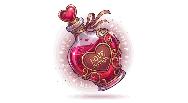 Magical love potion in ornate glass bottle with heart shaped stopper