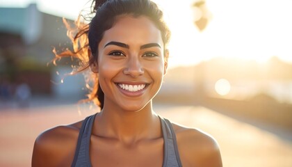 Smiling woman outside, light hair, top, sunlit backdrop