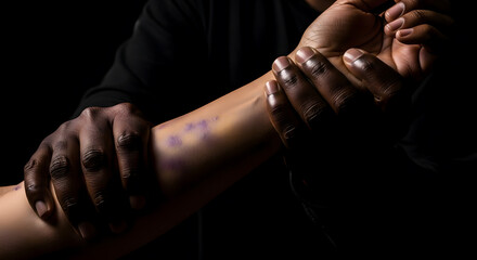 Bruised arm held tightly against a dark background, representing domestic abuse and physical violence. Concept image for violence awareness, abuse prevention, victim support, and human rights.
