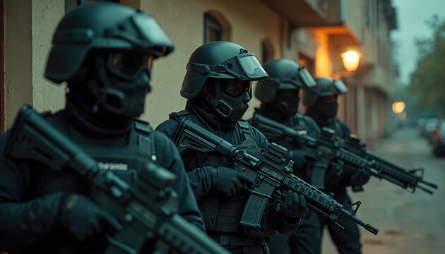 SWAT police officers in full tactical gear stand ready with weapons drawn outside apartment building. Ready for intervention, officers display vigilance, professionalism during critical operation.