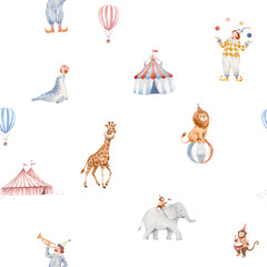 Seamless baby circus watercolor pattern with cute animals and performers. Vintage carnival background with elephant, giraffe, clowns, circus tent. Perfect for nursery decor, wrapping paper, fabric © Zenina-Lembrik
