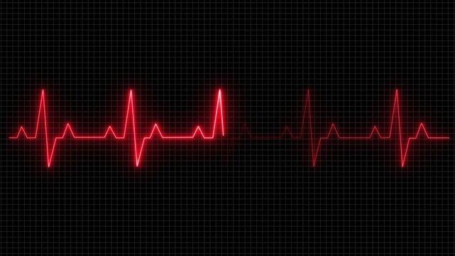 Realistic Heartbeat Line Wave Signal Animation, Modern glowing neon heartbeat and pulse rate animation with EKG line monitor signal on a black background.