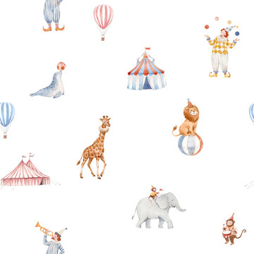Seamless baby circus watercolor pattern with cute animals and performers. Vintage carnival background with elephant, giraffe, clowns, circus tent. Perfect for nursery decor, wrapping paper, fabric