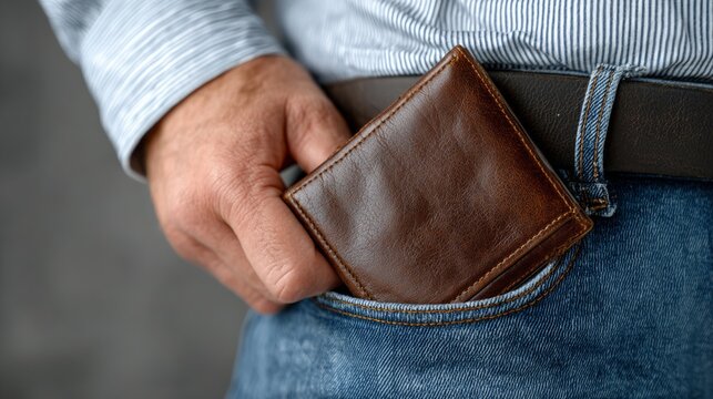 A man is holding a brown wallet in his pocket. The wallet is made of leather and has a brown color