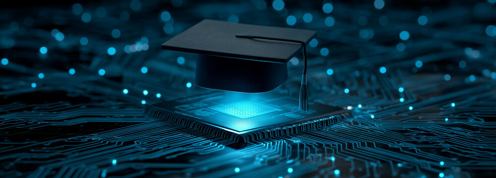 Digital Education Concept with Graduation Cap on Glowing CPU, Artificial Intelligence Learning, Smart Education Technology, E Learning Innovation,Future of Education and High Tech Knowledge Background