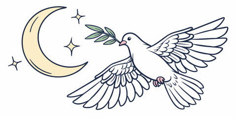 a white dove carrying a branch and flying near the moon Vector © zon