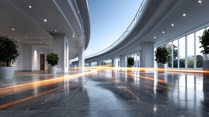 A large, empty, and shiny, long hallway with a few potted plants. The hallway is lit by overhead lights and has a reflective surface
