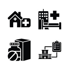 Fototapeta premium Comprehensive Healthcare Icons Including Hospital Building, Home Nursing, Medicine, and Medical Referrals