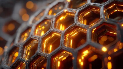 Honeycomb-Inspired Grid: An abstract composition, highlighting a close-up view of a complex honeycomb structure, capturing the intricate beauty of nature's design and energy.