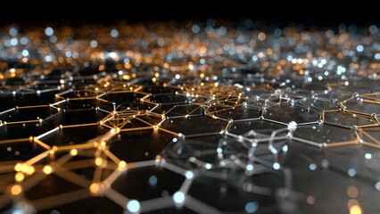 Interconnected Digital Realm: This image unveils a captivating network of interconnected digital nodes.  Illuminated in hues of gold and silver.