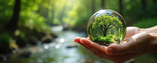 Fototapeta premium Hands hold transparent sphere with miniature forest landscape inside. Nature protection concept. Healthy green trees, clean water stream, forest environment.