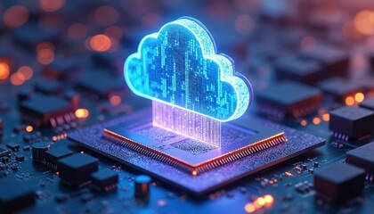 Abstract glowing blue cloud symbol rests on a computer circuit board with microchips. Digital data streams downwards from cloud. Futuristic concept of data processing and tech innovation.
